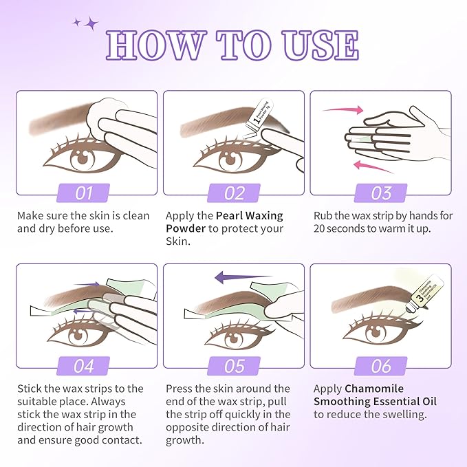 Beauty7 Eyebrow Wax Strips High-arched Eyebrow Wax Strips Kit Hair Removal at Home Waxing 24 Strips with Pearl Powder Essential Oil for Sensitive All Skin Types Women