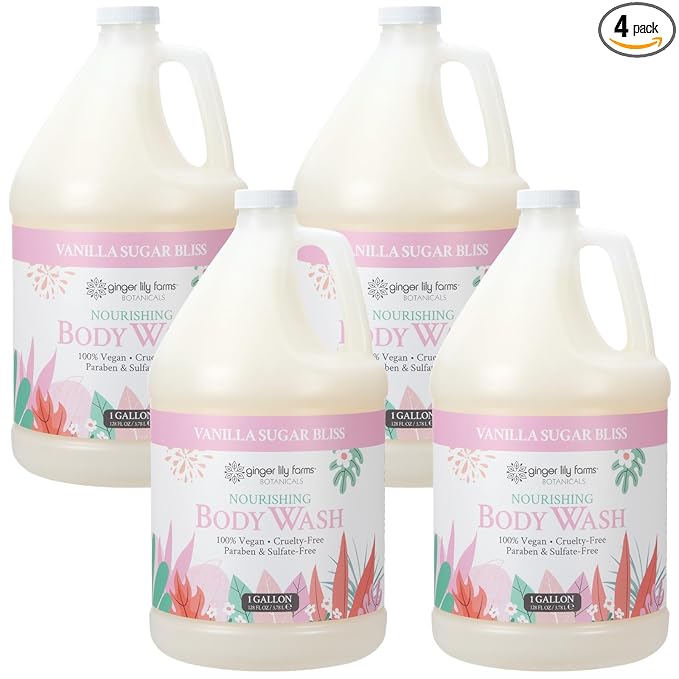Ginger Lily Farms Botanicals Nourishing Body Wash, 100% Vegan & Cruelty-Free, Vanilla Sugar Bliss Scent, 1 Gallon (Pack of 4)