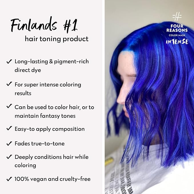 Four Reasons Color Mask INTENSE Blue (27 Colors) - Intensive Toning Treatment - Color Depositing Conditioner – Semi Permanent Blue Hair Dye for Lightened and Colored Hair– 100% Vegan, 6.76 fl oz