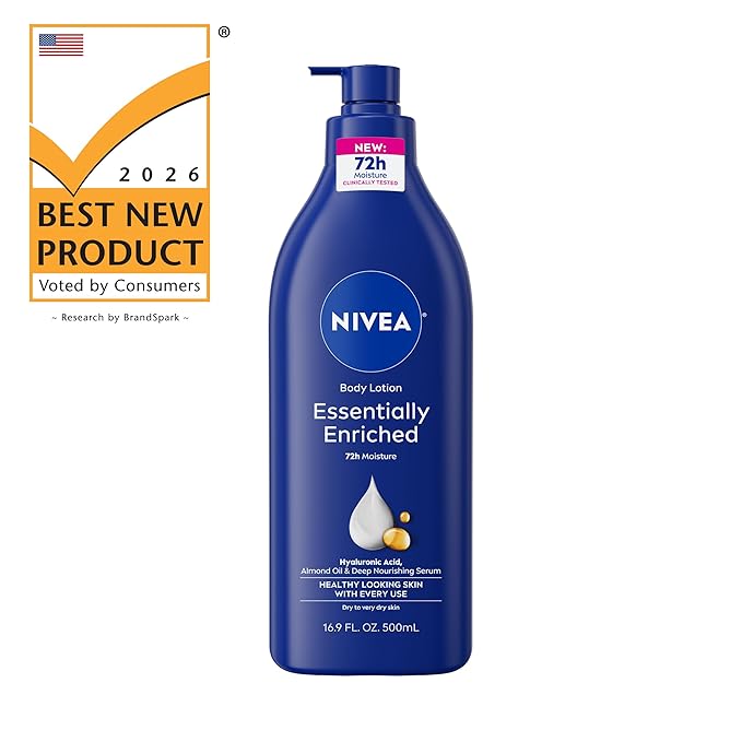 NIVEA Essentially Enriched Body Lotion for Very Dry Skin with Hyaluronic Acid, Almond Oil and Deep Nourishing Serum, 72-Hour Body Moisturizer, 16.9 Fl Oz Pump Bottle