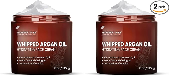 Majestic Pure Whipped Argan Oil Moisturizer Face Cream for Women & Men - With Vitamin E A, Collagen & Ceramides - Hydrates Dry Skin, Oily Skin, Reduces Appearance of Fine Lines – 8oz (Pack of 2)