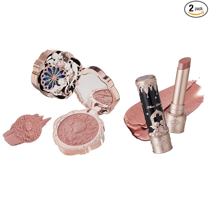 Flower Knows Little Angel Cream Blush and Matte Lipstick Set,Buildable & Blendable Velvety Makeup,Soft Long-Lasting Cute Make Up(Blush 04 Rose Ashes + Lipstick C07 Golden Wheat)