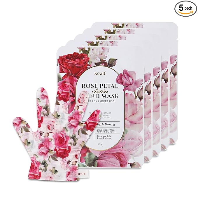 koelf PETITFEE Rose Petal Satin Hand Mask (5pairs) - Intensive Nourishing, Moisturizing Gloves, Rose Scented Hand Repair Masks with Peptide, Collagen, Shea Butter for Silky Smooth Hand, Hand Treatment