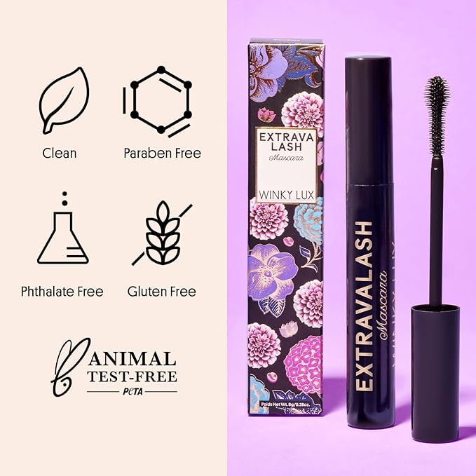 Winky Lux ExtravaLash Mascara – Volumizing, Lengthening, Defining & Curling with Buildable Formula, Intense Pigment, Silicone Ball Tip Brush, Black Mascara Eye Makeup