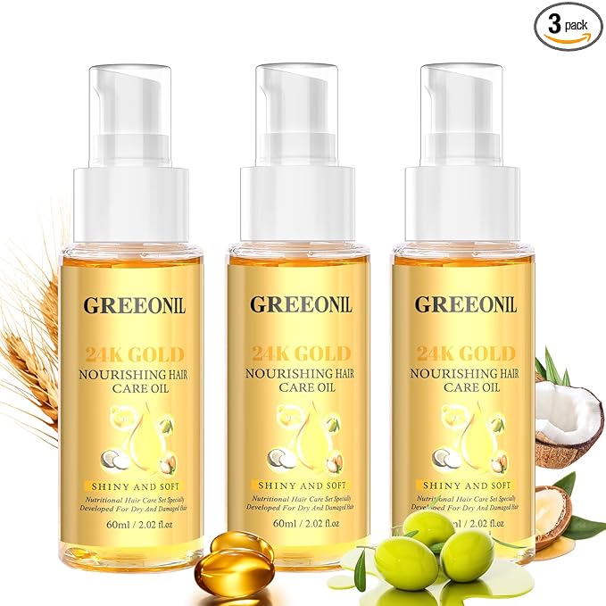 GREEONIL Olive Oil Serum for Frizz Control, Hair Repair Serum,24K Gold Argan Oil Coconut Oil Olive Oil and Vitamin E for Split Ends Hair Treatment, Add Shine, 3 Pack