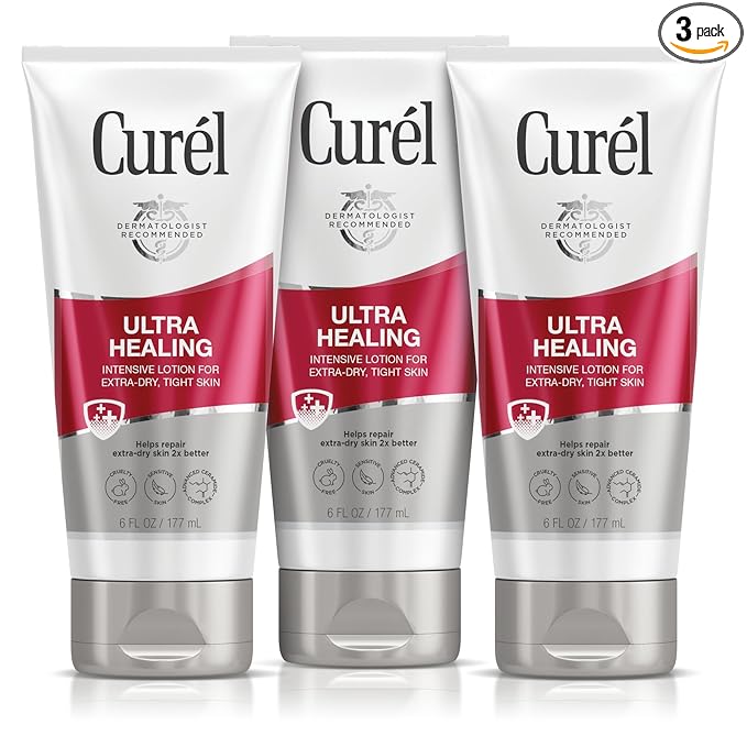 Curel Ultra Healing Intensive Fragrance-Free Lotion For Extra-Dry Skin, Ideal for Sensitive Skin, Cruelty Free, Paraben Free, Dermatologist Recommended, 6 Oz, Pack of 3