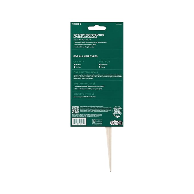 EcoTools Wide Tooth Comb for Curly, Thick Or Wet Hair, Detangling Brush With Sectioning Tip & No-Slip Grip, Bamboo Hair Comb, Eco-Friendly, Vegan & Cruelty-Free, Anti-Breakage, 1 Count