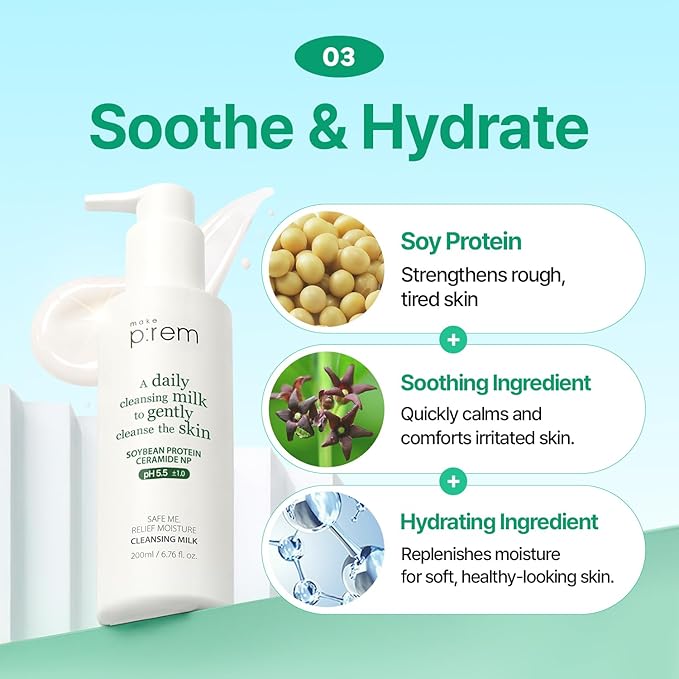 MAKE P:REM Safe Me. Relief Moisture Cleansing Milk, Hydrating Gentle Milk Cleanser for Sensitive Skin with Soy Protein, Korean Face Wash, 6.76 fl.oz. (200ml)