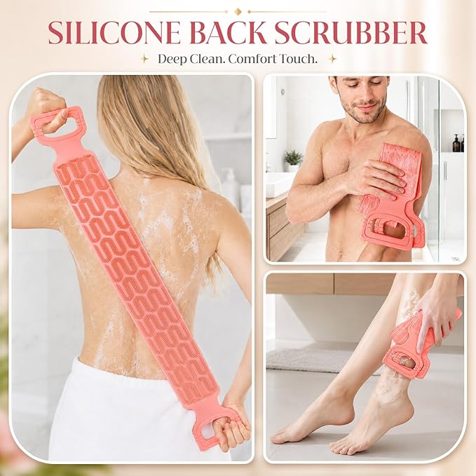 Manmihealth Silicone Back Scrubber for Shower, 33.8'' Exfoliating Body Scrubber with Long Strap Handle, Dual-Sided Extendable Back Washer for Men and Women (Pink)