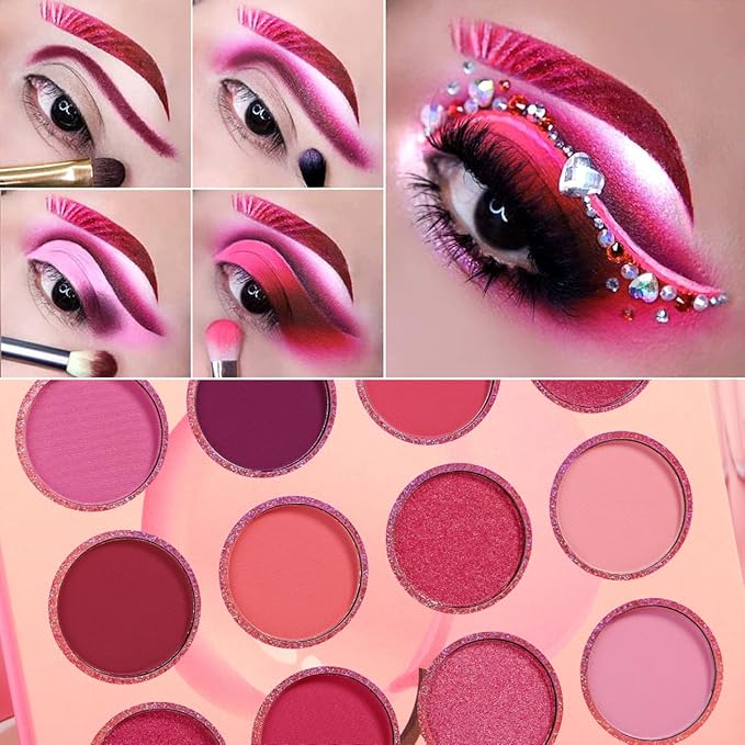 DE'LANCI Pink Eyeshadow Palette, Highly Pigmented Bright Hot Pink Eye Shadow Pallet, Bright Peach Rose Purple Red Eyeshadow Makeup Palette, for Girl Women Cute Suger Skull Candy Blush Goth Makeup