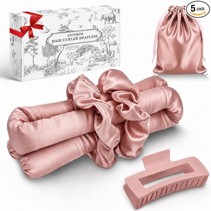 EnteromMuse Heatless Curls Overnight Satin Curling Set No Heat Hair Curler for Long & Short Hair, Heatless Curling Rod&Rollers for Soft Bouncy Curls Complete Kit with Storage Bag(Pink, Original)