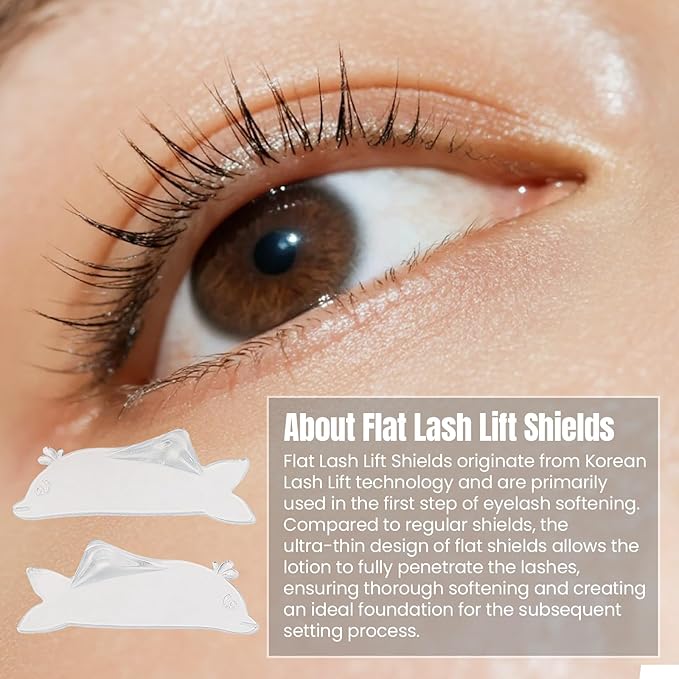 Libeauty Flat Lash Lift Shields, Ultra Thin Korean Flat Shields for Step 1 Perm/Lift, Flexible Use as Eye Patches or Lift Ribbon, Dolphin-Shaped Design for Easy Pick Up Clear