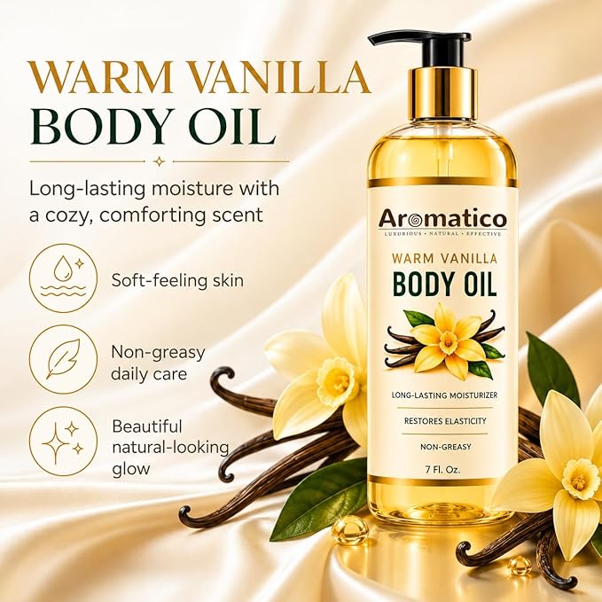 Aromatico Warm Vanilla Body Oil for Women - 7 fl oz | Moisturizing Scented Body Oil for After Shower Daily Use | Cozy, Creamy Vanilla Scent