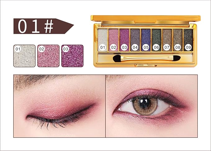 Glitter Eyeshadow Palette, 9 Colors Sparkle Shimmer and Matte Eye Shadow, Highly Pigmented Waterproof Long Lasting Makeup Set (Color 1)