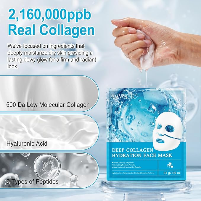 Xsvseie Collagen Face Mask, Deep Collagen Anti Wrinkle Lifting Mask Hydrogel Masks with Low Molecular Sheet Mask Overnight Hydrating Face Mask for Firming,Elasticity, Moisturizing for All Skin Types