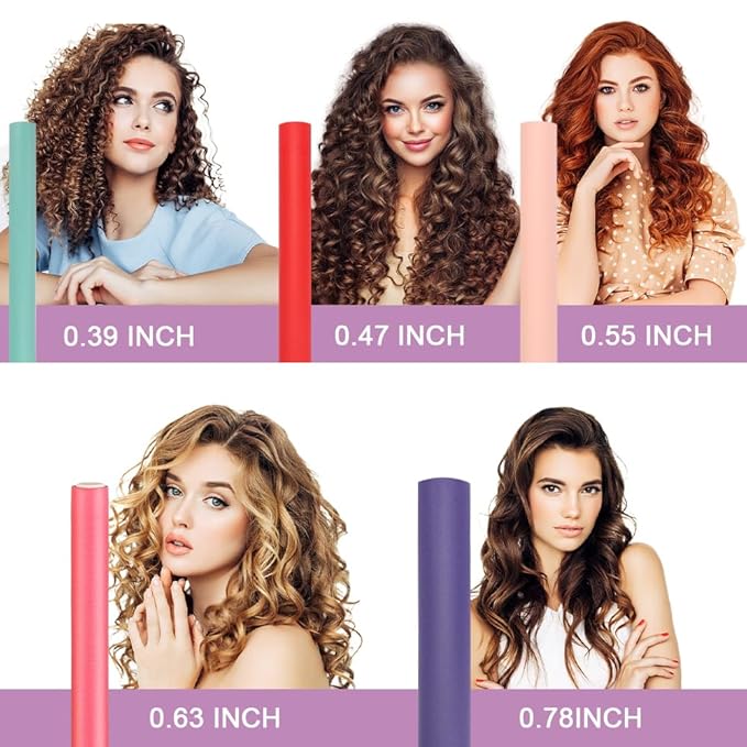 Flexible Hair Curlers to Sleep in, 30PCS Flexi Rods (9.45" and 5 Sizes 0.39"-0.78"), No Heat Heatless Curling Set for Short Medium Long Hair