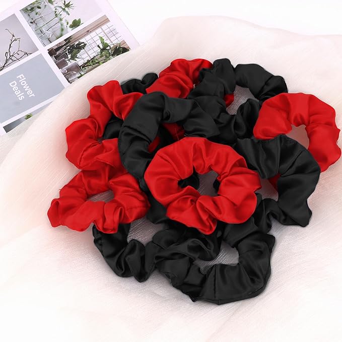 Silk Satin Scrunchies for Women Girls 12 PCS Black & Red Hair Scrunchies Silk Satin Hair Ties for Thick Hair Bulk Hair Ties Hair Accessories