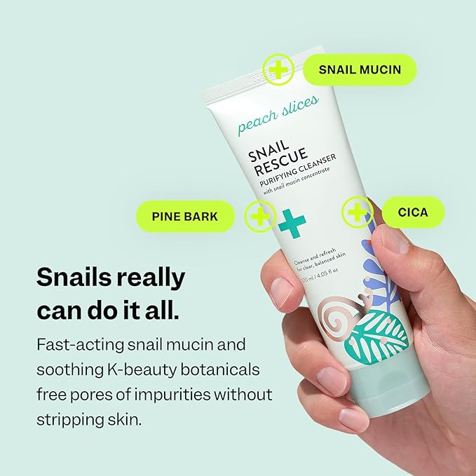 Peach Slices - Snail Rescue Purifying Cleanser (4.05 oz) - Snail Mucin Concentrate - Cleanse & Refresh Skin - Pine Bark, Hyaluronic Acid & Cica - Clean & Cruelty Free - Korean Skin Care & Beauty