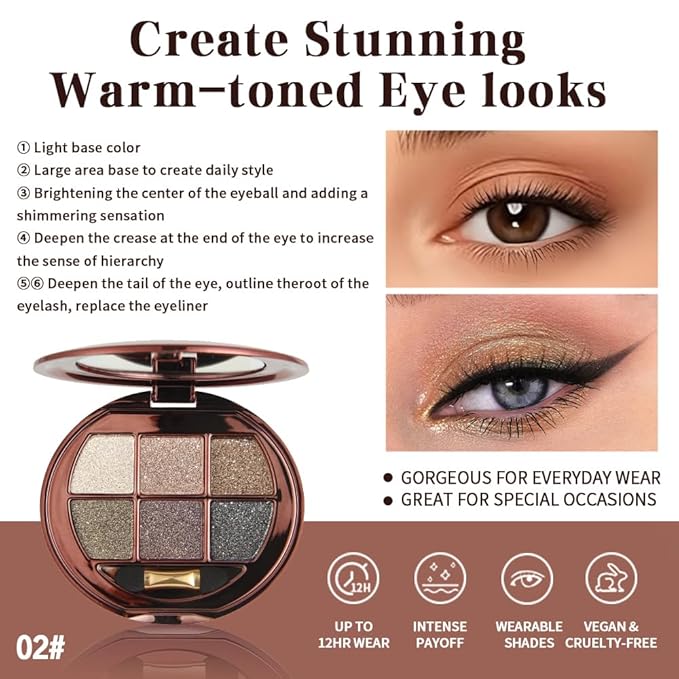 Champagne Taupe Neutral Shimmer Eyeshadow Palette, 6 Color High Pigment Blendable Glitter Eye Shadow Makeup for Older Women, Lightweight Travel Friendly, Suitable for All Eye Shapes, Smokey Look 02#