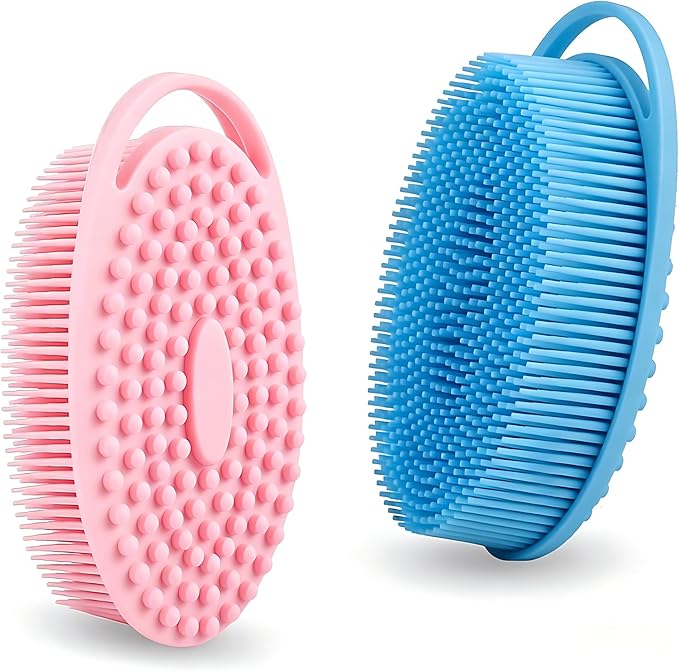 2 Pack Silicone Body Scrubber, Exfoliating Silicone Shower Scrubber for Body, Gentle 2 in 1 Silicone Loofah Alternative for Women Men, Dual-Sided Soft Bath Scrubber for All Skin, Blue+Pink