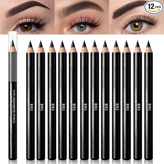 Eyebrow Pencils for Women, 12Pcs Hard-Core Wooden Eye Brow Eye Liner Pencils for Beginner Makeup, Black Coffee Brown Colors, Waterproof & Sweat-Proof (Black-12 Pcs-E01)
