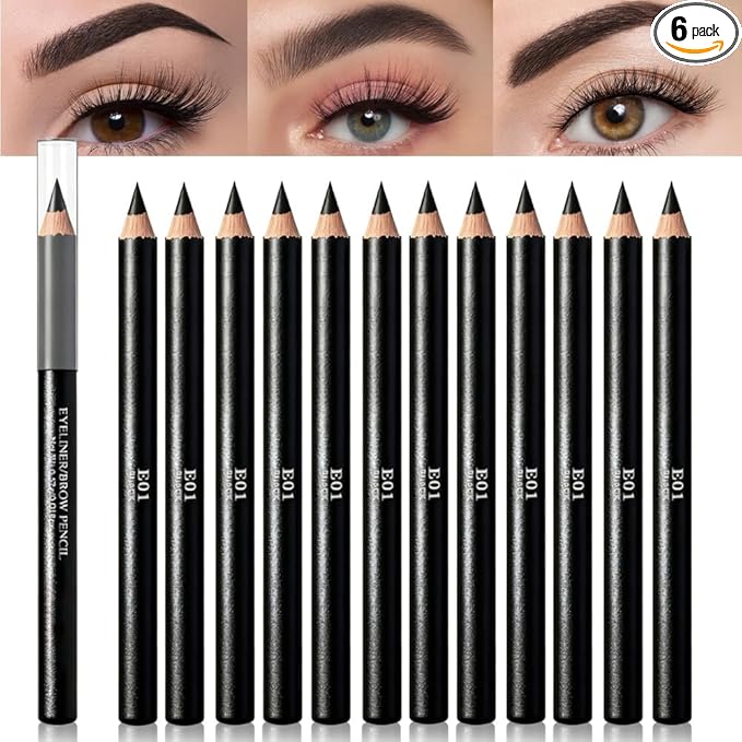 12Pcs Black Eyebrow Pencils for Women, Wooden Hard-Core Eyebrow and Eyeliner Pencil, Long Lasting Waterproof and Sweat-Proof, Beginner Makeup Brow Pencil (Black)