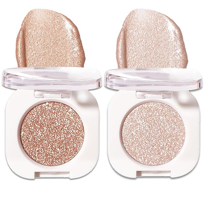 2 Pcs Glitter Eyeshadow Single, Ultra-Fine Sparkling Diamond Shimmer, Long-Lasting Sheer Eye Makeup, Crease-Proof & Buildable Eye Shadow Topper, Gold & Pearl Champagne