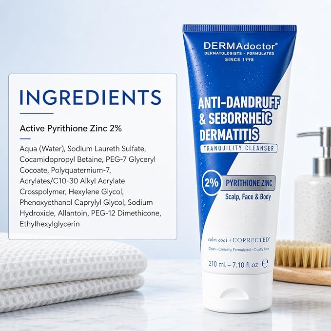 DERMAdoctor 2% Pyrithione Zinc Anti-Dandruff Shampoo & Multi-Use Liquid Face Wash for Seborrheic Dermatitis, Itchy Flaky Scalp, Beard & Body, Fragrance-Free Sulfate-Free Sensitive Skin, 7.1 fl oz