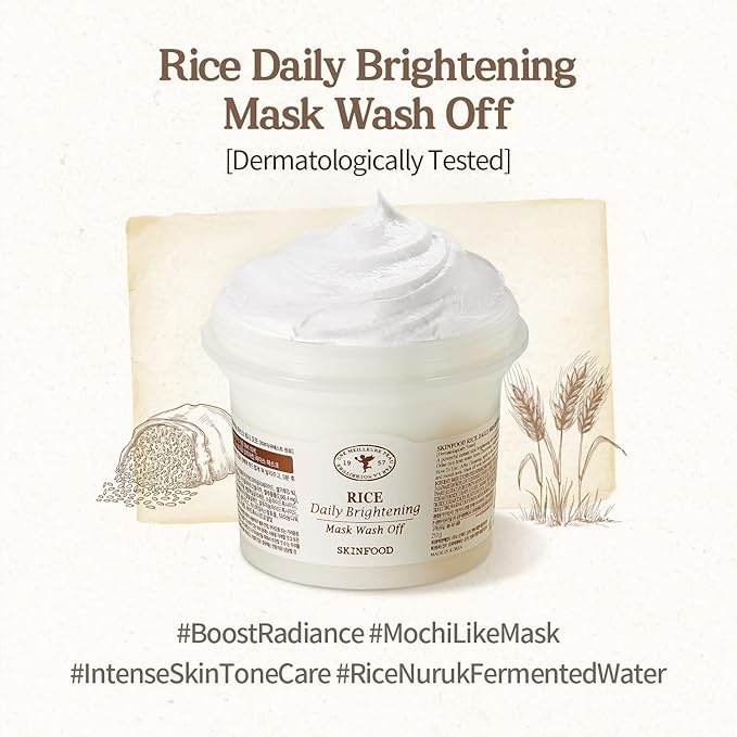 SKINFOOD Rice Daily Mask 210g - Rice Exfoliating Scrub Wash Off Face Masks for Darken Skin - Facial Cleanser, Pore Exfoliator, Clean and Soften Body Skin - Safe For Men and Women (7.40 oz)