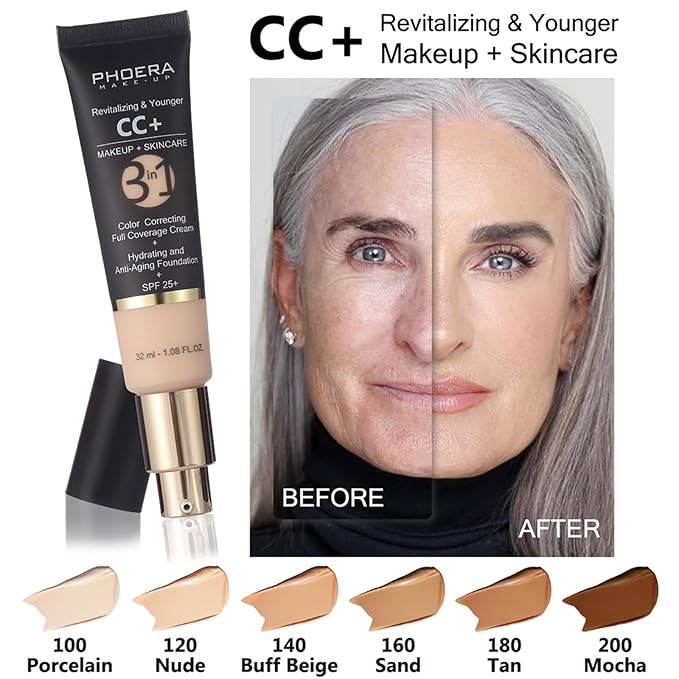 PHOERA Foundation Full Coverage,PHOERA CC+ Cream,2024 New PHOERA Foundation Makeup for Mature Skin, Wrinkles Matte Natural Finish,Primer (103+120CC+N02/ Warm peach+Nude +Nude)