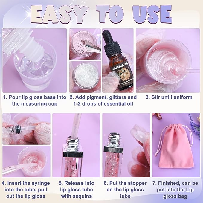 TSVATE Lip Gloss Making Kit, 58PCS DIY Lip Gloss Kit, Lipgloss Making Kit for Women, Beginner, Girls, Moisturizing Lipgloss Base Moist, Double-Ended Tubes, Jojoba Oil, Tween Girls Gift Trendy Stuff