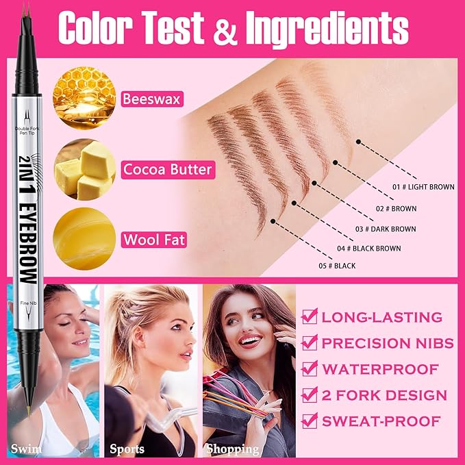 Eyebrow Pen, Waterproof 2-in-1 Dual-Ended Microblading Eyebrow Pencil Upgraded Eye Brow Pen with 2 Fork Tip for Natural-Looking Hair-Like Defined Brows, Last All-Day (Light Brown)