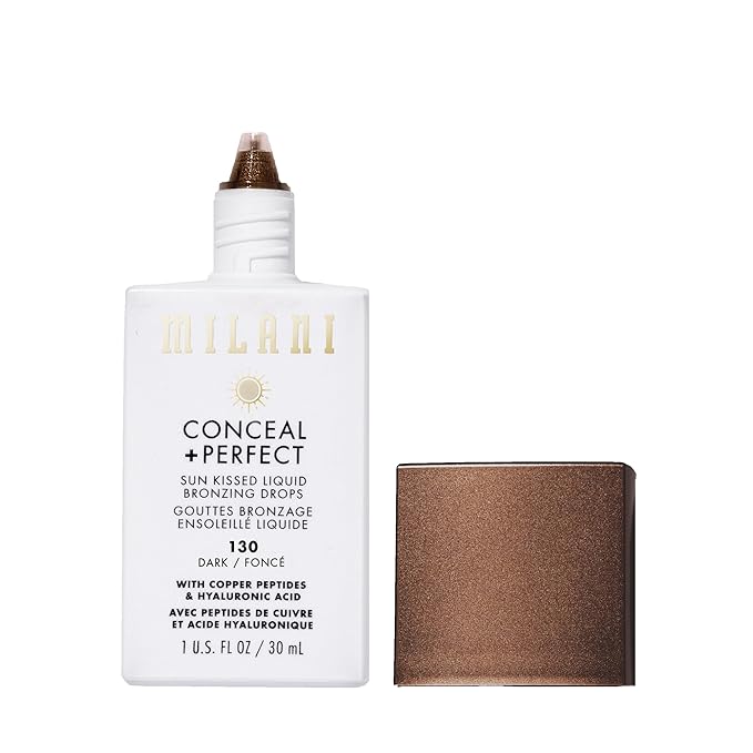 Milani Bronzer- Sun Kiss Bronzing Drops, Conceal + Perfect Liquid Bronzer for Sheer, Weightless Coverage & Hydration enriched with Peptides & Tripeptides - Dark