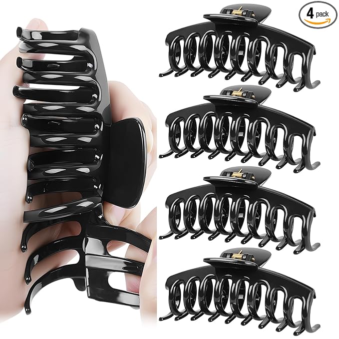 TOCESS Nylon Hair Claw Clips: Flexible & Unbreakable Safe Black Large Hair Claws for Thick/Thin Hair Women - Strong Hold Non-slip 4 Pack 4.3 Inch Big Jaw Clips