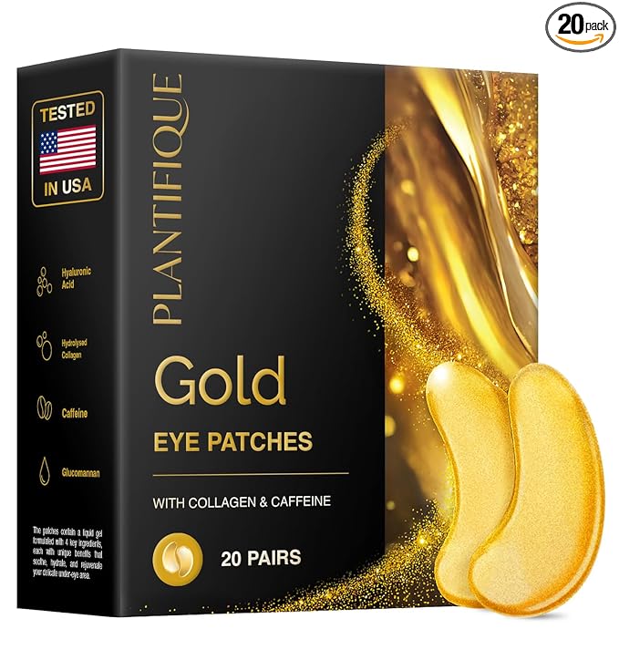 PLANTIFIQUE 24K Gold Under Eye Patches 20 Pairs - Dermatologist Tested - Hydrating Collagen Eye Masks with Hyaluronic Acid for Dark Circles & Puffiness