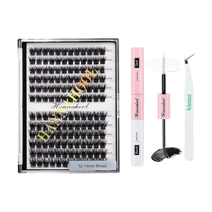 12rows-Large Tray Mixed 8-10-12-14-16mm/Mixed 14-15-16mm/Mixed14mm-16mm/Mixed 18-20mm Wide Stem Individual False Eyelashes Dramatic Black Cluster Eyelashes (Lashes Kit-12-14MM)