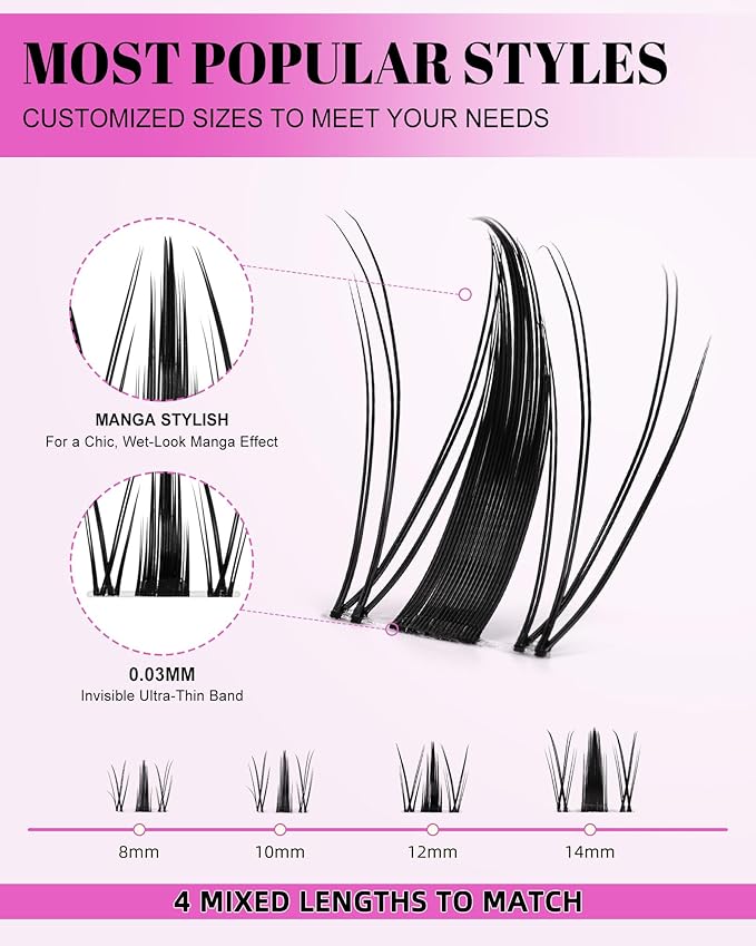 Fairy Lash Clusters Kit Short 8-14mm Manga Eyelash Clusters DIY Eyelash Extensions Wet-Look Spiky Anime Lashes Individual Fake Eyelashes Clusters with 0.03mm Ultra-Thin Invisible Lash Band