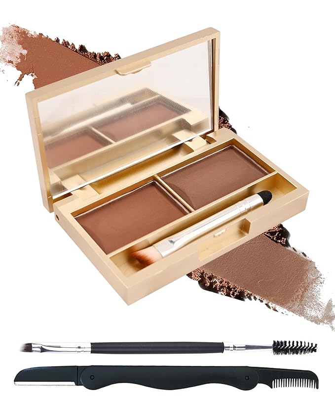 Eyebrow Powder Kit- 2 Colors Soft Tinted Eye Brow Powder Palette,Waterproof Longlasting Dark Brown/Coffee Brow Filler,Professional Eyebrow Contour Makeup for Women with Mirror Brow Brush & Razor-Set03
