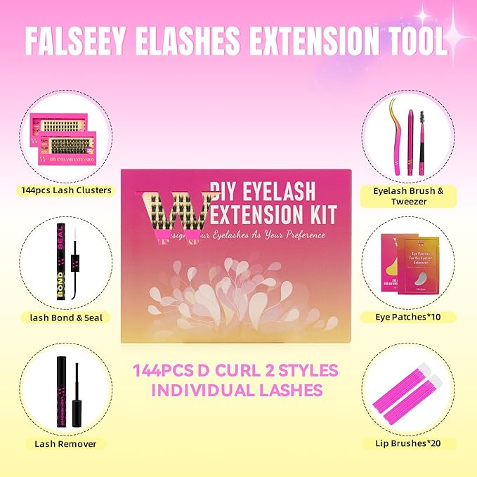 Lash Clusters Kit 144Pcs Individual Eyelash Extension Kit DIY Lash Kit with Lash Bond and Seal,Remover,Applicator,Eye Patches,Lash Brush&Lip Brush for Fake Eyelashes Clusters Kit (D-Mix10-16mm Kit)