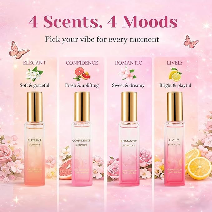 Perfume Gift Set for Women, 4 x 20ml Eau de Parfum Spray, Floral & Fruity Fragrance Set (Elegant, Confidence, Romantic, Lively), Travel Size Perfume, Gifts for Women, Wife, Girlfriend & Mom