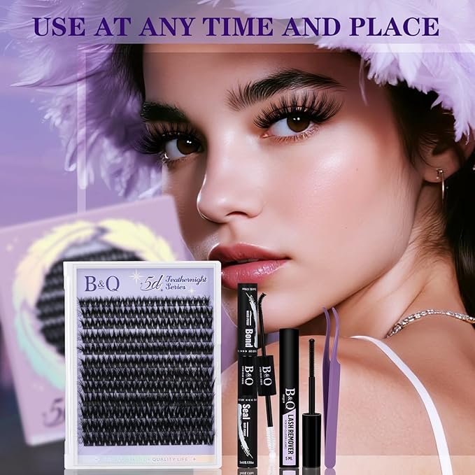 B&Q Flora Lash Clusters Kit Feath5D Wispy Lashes Clusters Wide Band Full Cluster Eyelash Extensions C Curl 8-18Mix Feather Light Medium Volume Fluffy Eyelash Clusters Kit for Wispy Look（Feath5D01 Kit）