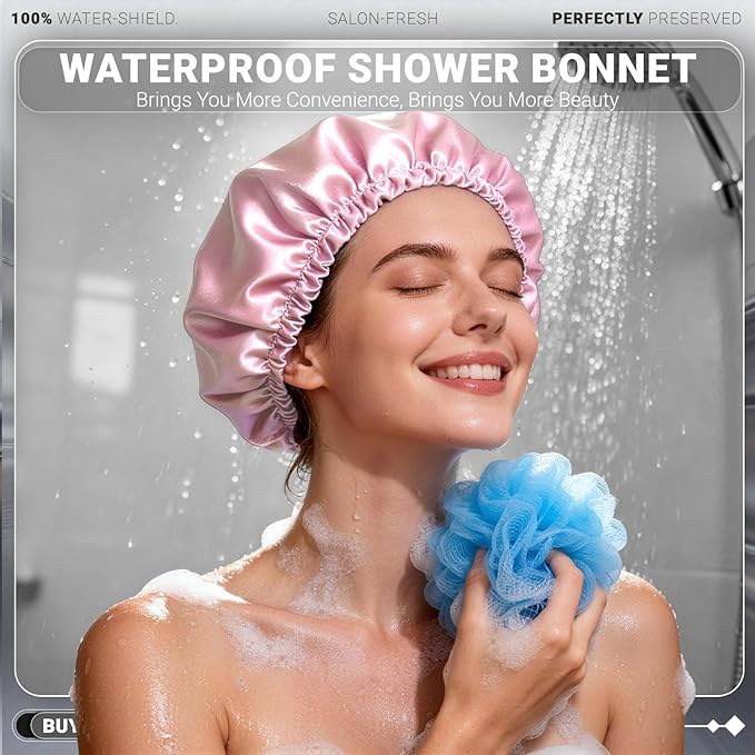 Smilco 2 Pack Shower Caps for Women, Reusable Waterproof Double Layer Bath Cap, Large EVA Elastic Hair Cover for Shower, Fits Long Hair & Braids, for Spa & Home