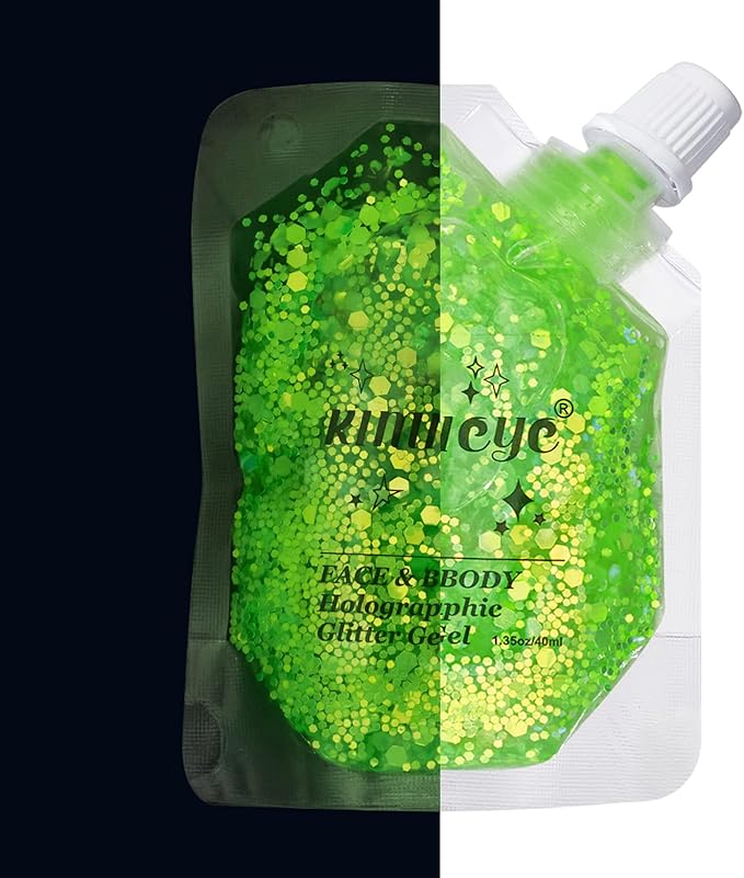 Face Body Glitter Gel Shimmer Makeup for Hair Clavicle Arm Nail Eyeshadow, Long Lasting Waterproof Holographic Mermaid Sequins for Outfit Rave Festival Party, 1.35oz, Luminous Green