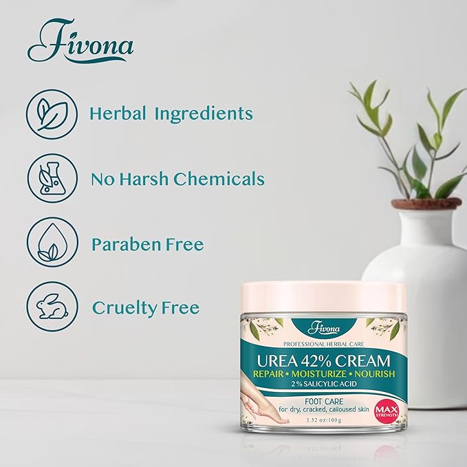 FIVONA 42% Urea Foot Cream for Thick, Rough Dry Skin - Maximum Strength Callus Softening with 2% Salicylic Acid, Tea Tree & Aloe Vera, 100g (3.5 oz) - Deep Moisturizing Foot Care