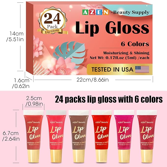 AZEN 24 Pack Lip Gloss Set, Color Lip Oil for Dry Cracked Lips Moisturizing Hydrating Nourishing with Vitamin E, Mothers Day Gifts for Women