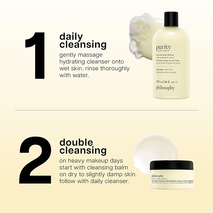 philosophy purity made simple one-step facial cleanser- with meadowfoam seed oil gently cleanses & melts away dirt, oil & stubborn makeup paraben-free face wash