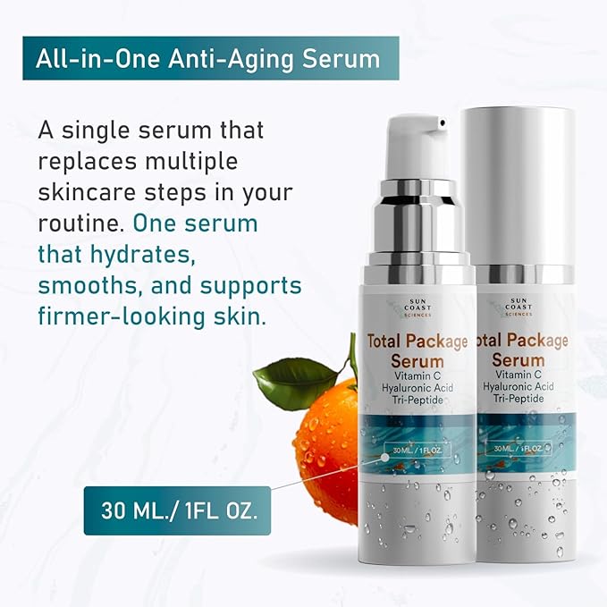 Sun Coast Sciences - Creamy Total Package Serum - Vitamin C Serum with Hyaluronic Acid & Peptides for Face - Hydrating Anti Aging Face Serum for Smoother, Firmer Looking Skin - 1 Fl Oz (Pack of 3)