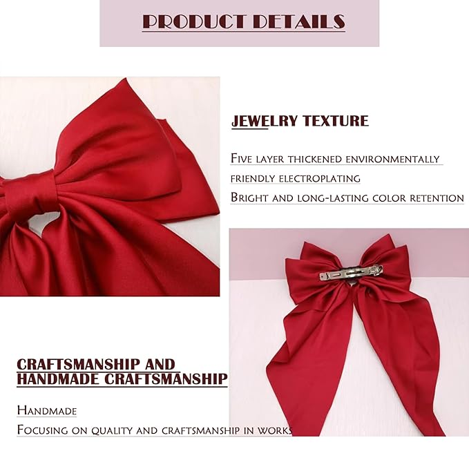 4Pcs Hair Bows, Silky Satin Hair Barrettes For Women, Oversized Long-Tail Hair, Large Bow Metal Spring Clip Temperament Beautiful Hair Accessories For Women Girl（Wine Red, Black, Cream White, Pink）
