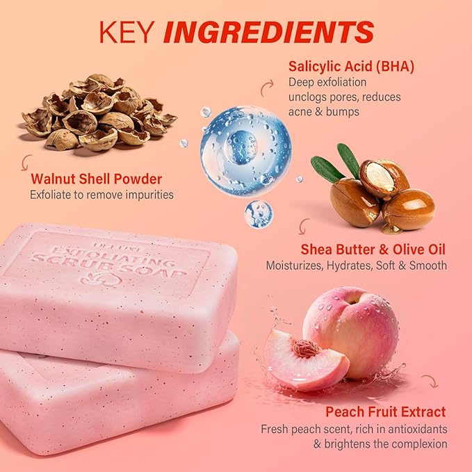 Body Scrub Soap Bar, Pre-shave Exfoliating Bar Soap with BHA Salicylic Acid & Shea Butter, Smooths Rough Bumpy Skin, Skin Soft, Moisturizing & Gentle for All Skin Types, Peach Scent, 3.53 oz Each