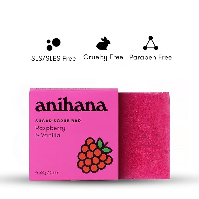 ANIHANA Sugar Scrub Soap Bar with Coconut Oil, Moisturizing, Gentle, Exfoliating Body Scrub, Refreshing Raspberry and Vanilla Scent, 3.6 Oz